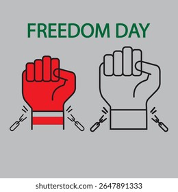 Two fists, one red and striped, the other outlined, are depicted breaking free from chains.  The text "FREEDOM DAY" is prominently displayed above the powerful imagery.