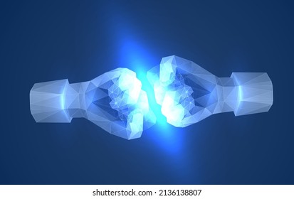 Two fists in punch concept of partnership or resistance in polygonal futuristic style. Monochrome illustration of a hand with clenched fingers concept of togetherness and teamwork