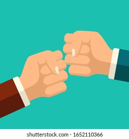 Two fists punching each other, flat style pattern. Fist bump illustration background. Two hands in air bumping together, punching label, fighting cartoon gesture.