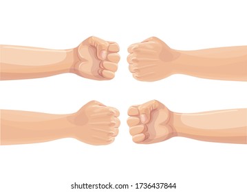 Two fists punching each other. Two clenched fists bumping. Conflict, protest, brotherhood or clash concept. Vector cartoon illustration.