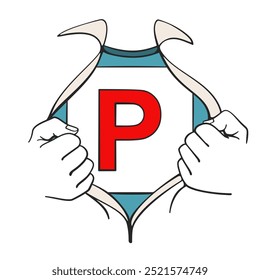 Dois punhos rasgam uma camisa para revelar uma licença de placa P em um estilo super-herói para o vetor de conceito de novo motorista bem sucedido