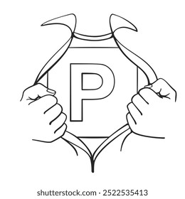 Dois punhos rasgam uma camisa para revelar uma licença de placa P em um estilo super-herói para o vetor de arte de linha de conceito de motorista novo bem-sucedido