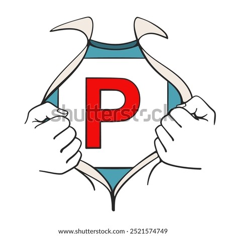 Two fists rip open a shirt to reveal a P plate license in a super hero style for successful new driver concept vector