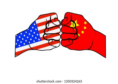 Two fists with US flag and China flag, flat design