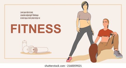 Two fitness women. Sport banner. Young women wearing workout clothes. Sport fashion girl outline in urban casual style.