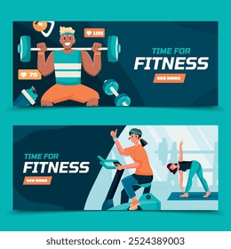 Dos Anuncios de fitness con gente haciendo ejercicio. El Anuncio superior muestra a una persona levantando pesas, y el Anuncio inferior muestra a una persona en una bicicleta estática y a otra persona estirándose.