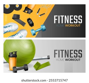Two fitness-themed banners featuring workout equipment like dumbbells, sneakers, a jump rope, a smartwatch, a water bottle, and a yoga ball, with text 'Fitness Home Workout'.