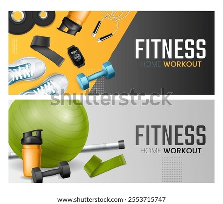 Two fitness-themed banners featuring workout equipment like dumbbells, sneakers, a jump rope, a smartwatch, a water bottle, and a yoga ball, with text 'Fitness Home Workout'.