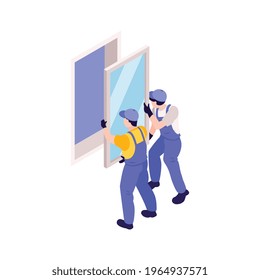 Two fitters in uniform installing window 3d isometric vector illustration