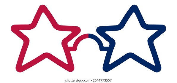 Two five pointed stars forming a pair of glasses, the left star colored red and the right star colored blue, celebrate United States Independence Day on a white background