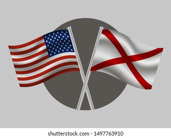 Two flagpole of National flag of State Alabama and United States of America. Graphic vector illustration, with original color and proportion. For web, icon, travel, from countries set.