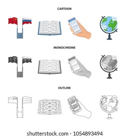 Two flags, a book for the blind, a hand with a phone with translated text, a globe of the Earth. Interpreter and translator set collection icons in cartoon,outline,monochrome style vector symbol stock