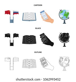 Two flags, a book for the blind, a hand with a phone with translated text, a globe of the Earth. Interpreter and translator set collection icons in cartoon,black,outline style vector symbol stock