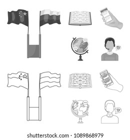 Two flags, a book for the blind, a hand with a phone with translated text, a globe of the Earth. Interpreter and translator set collection icons in outline,monochrome style vector symbol stock
