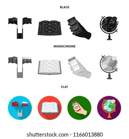 Two flags, a book for the blind, a hand with a phone with translated text, a globe of the Earth. Interpreter and translator set collection icons in black, flat, monochrome style vector symbol stock