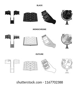 Two flags, a book for the blind, a hand with a phone with translated text, a globe of the Earth. Interpreter and translator set collection icons in black,monochrome,outline style vector symbol stock