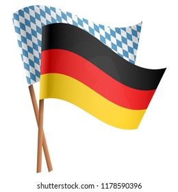 two flags with german national colors and blue white checkered Oktoberfest style