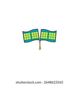Two flags illustration. Green banner graphic. Yellow stripe detail. Vector stand symbol.