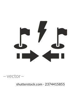 two flags and lightning icon, split in diplomatic relations, countries conflict, flat symbol - editable stroke vector illustration