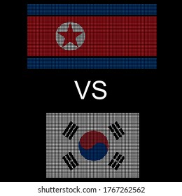 There’re two flags on black background that used dots effect. One is North Korea and one is South Korea flag with VS sign between them. Concept about war, relationship, different, split and etc.