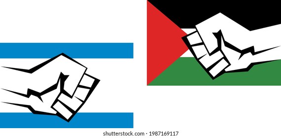 Two flags of Palestine and Israel with the image of a kulok on them. War of Palestine and Israel concept. Vector illustration in flat style. Isolated logo clipart on white background