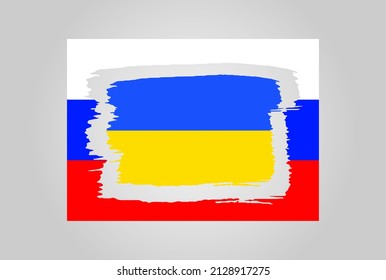 Dos banderas de Rusia y Ucrania con un pincel, incrustadas unas en otras. Unidad y paz, no hay guerra.