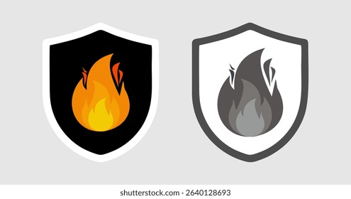 Two flame shield icons, one in color and one in grayscale, symbolizing fire safety or alert.