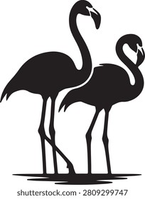 Two flamingo birds standing in a black silhouette design