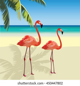 Two flamingo birds at Tropic Beach. Summer Vector Travel card. Exotic background