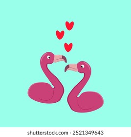 two flamingo hearts on a blue background,