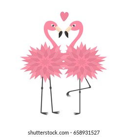 Two flamingo set. Pink heart. Flower body. Exotic tropical bird. Zoo animal collection. Cute cartoon character. Decoration element. Love card. Flat design White background Isolated Vector illustration