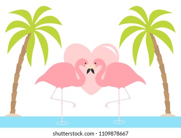 Two flamingo standing on one leg. Pink heart. Palms tree, island, ocean, see water. Exotic tropical bird. Zoo animal collection. Cute cartoon character. Love card Flat design. White background. Vector