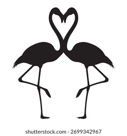 dois flamingos criam uma forma de coração com seus pescoços em uma silhueta preta.