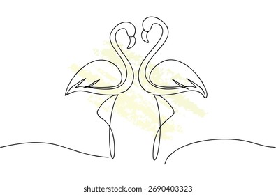 Dos flamencos formando una forma de corazón con línea continua dibujando una sola línea abstracta amarilla
