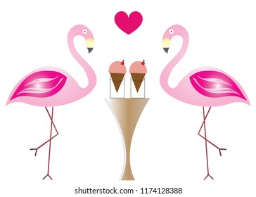 two flamingos in love eating ice cream vector - Valentines day illustration