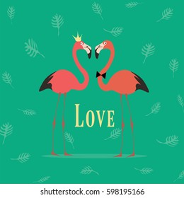Two Flamingos on green background