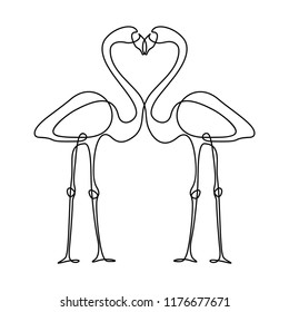 Two flamingos one continuous line drawing isolated on white background.