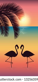 two flamingos and palm tree silhouette on colorful beach at sunset vector illustration EPS10