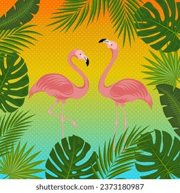 Two flamingos, pink birds with long legs and necks. Border and background with tropical plants, palm tree leaves. Clipping mask applied.