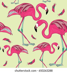 Two flamingos with red feathers. Seamless pattern. Vector illustration on yellow background