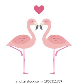 Two flamingos snuggle up to each other and a heart symbol appears. Love illustration