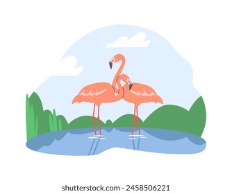 Two flamingos stand in water, one with its beak tucked. Vector illustration in a tranquil wetland setting, capturing their elegant stance.