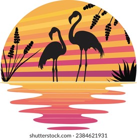Zwei Flamingos stehen vor dem Hintergrund eines Sonnenuntergangs, ihre Silhouetten sind in Vektorkunst eingefangen. Ihre anmutigen Kurven werden durch den Art-Déco-Stil verstärkt, der geometrische Formen betont.