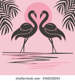 Two flamingos at sunset. A pair of bird silhouettes with palm branches on a pink background