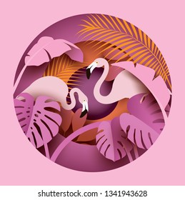 Two flamingos in tropical leaves. Paper cut style. Summer composition. Vector illustration