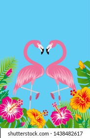 Two flamingos and tropical plants - Copy space, Sky blue background