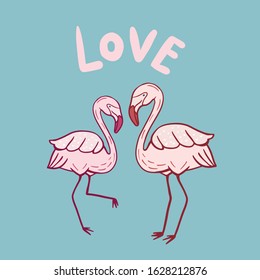 Two flamingos. Vector color illustration. Lettering love. Freehand color drawing in doodle style