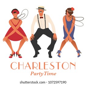 Two flapper girls and one man dancing Charleston. Vector Illustration