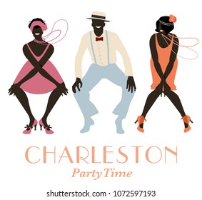 Two flapper girls and one man dancing Charleston. Vector Illustration