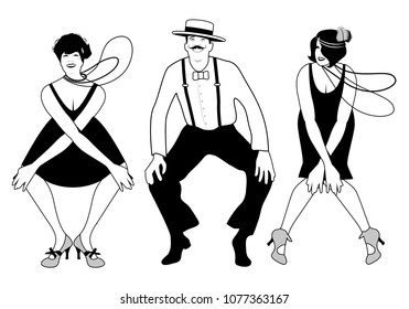 Two flapper girls and one man dancing Charleston. Vector Illustration